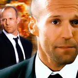 Jason Statham, który grał Transportera, w garniturze na tle wybuchów.