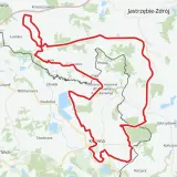 Mapa szlaku rowerowego wokół Karwiny i Jastrzębia-Zdroju. Trasa, oznaczona na czerwono, prowadzi przez Łaziska, Petrovice i Doubravę.