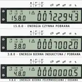 Trzy liczniki NORAX 3 z różnymi odczytami energii: czynnej 15.8.0, biernej indukcyjnej 3.8.0 i biernej pojemnościowej 4.8.0. Kody liczników gama 350.