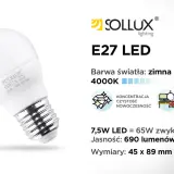Biała żarówka LED E27 Sollux 7,5W o barwie zimnej 4000K, idealna do kuchni, łazienki i biura. To jeden z rodzajów żarówek energooszczędnych.