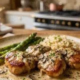 Délicieux ris de veau poêlés, nappés d'une sauce crémeuse aux truffes, accompagnés d'asperges vertes et d'un riz pilaf.