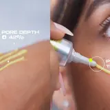 Dwa ujęcia: aplikacja serum na dłoń z informacją o redukcji głębokości porów o 42% i zbliżenie na twarz z aplikacją produktu na skórę, podkreślające jego działanie zwężające pory. celimax retinal shot.