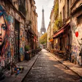Bunte Pariser Street Art ziert eine Gasse mit Blick auf den Eiffelturm. Ein Mädchen mit Ballon und ein Porträt einer Frau dominieren die Wände.