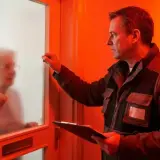 Mężczyzna puka do drzwi starszej pani, trzymając dokumenty. Uważaj na oszustów podszywających się pod pracowników Tauron, którzy chcą wymienić licznik.
