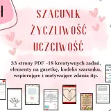 Zestaw 33 stron PDF z zadaniami, elementami na gazetkę i kodeksem szacunku, promujący szacunek, życzliwość i uczciwość.