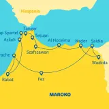 Mapa pokazuje trasę podróży z Hiszpanii do Maroka, obejmującą prom przez Cieśninę Gibraltarską i miasta takie jak Tanger, Rabat, Fez i Al Hoceima.