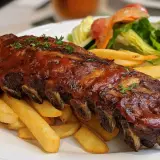 Soczyste żeberka w sosie BBQ, podane z chrupiącymi frytkami i świeżą sałatką. Prawdziwa uczta dla podniebienia!