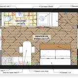 Plan d'un studio avec salle d'eau, cuisine et espace de vie. Idéal pour refaire électricité maison, avec symboles pour prises et interrupteurs.