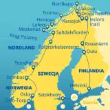 Mapa pokazuje trasę podróży przez koło podbiegunowe w Norwegii, Szwecji i Finlandii, z zaznaczonymi miastami jak Nordkapp, Tromso, Rovaniemi.