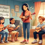 Nauczycielka prowadzi lekcję gry na ukulele. Dzieci uczą się prostych piosenek na 2 chwyty, patrząc na nuty na tablicy.