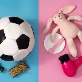 Pallone, macchinina e carro armato da un lato; coniglietto, piatto, forchetta e asciugacapelli dall'altro. Stereotipi di genere nei giocattoli.