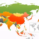 Mapa przedstawiająca państwa w Azji, z różnymi kolorami oznaczającymi regiony. W prawym dolnym rogu znajduje się mapa świata z zaznaczoną Azją.