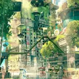 Zielona, bujna metropolia z elementami natury i technologii, odzwierciedlająca cechy charakterystyczne nurtu solarpunk w literaturze jutra.