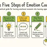The Five Steps of Emotion Coaching: Be Aware, Recognize Opportunity, Listen & Validate, Name Emotion, Set Limits. A guide for emotional coach.