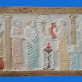 Rilievo in impasto di gesso e vinavil raffigurante una scena con figure antiche, colonne e un vaso.