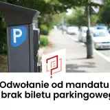 Parkometr z literą "P" i tekst "Odwołanie od mandatu za brak biletu parkingowego".