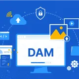 Illustration d'un système DAM d'entreprise : gestion de contenu visuel, sécurité, stockage cloud et analyse de données.