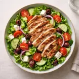 En fräsch sallad med grillad kyckling, som Tareq Taylor skulle kunna laga, med tomater, gurka, oliver och fetaost.