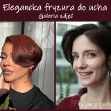 Eleganckie fryzury za ucho cieniowane: dwie kobiety prezentują stylowe cięcia, jedna z rudymi, druga z ciemnymi włosami.
