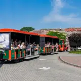 Pociąg z pasażerami wjeżdża do Tunelu Czasu w Krasiejów Park.