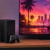 Konsola PS5 i Xbox Series X obok telewizora z widokiem na miasto i samochód, jak z gry GTA 6.
