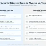 Porównanie objawów depresji atypowej i typowej: reaktywność nastroju, apetyt, senność, paraliż, nadwrażliwość na odrzucenie.