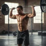 Mężczyzna wykonuje wyciskanie sztangi nad głowę podczas treningu crossfit.
