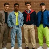 Czterech młodych mężczyzn prezentuje stylizacje w klimacie moda męska lata 80.: garnitur, jeans, sweter z krawatem i bomberka z neonowymi spodniami.