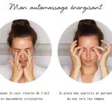 Quatre étapes d'une routine beauté : automassage du visage, des yeux, des sourcils et des oreilles pour un coup d'éclat.