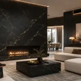 Elegante soggiorno con camino in marmo nero e oro, tavolino coordinato e divano chiaro. L'arredamento è moderno e sofisticato.