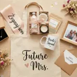 Elegancki prezent na wieczór panieński: torba z napisem "Future Mrs.", naszyjnik, kosmetyki, kubek "Bride's Squad", ramka ze zdjęciem i bukiet.