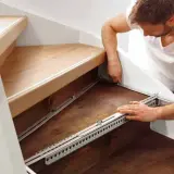 Man monterar metallskenor på trappsteg för att måla trappa halkfri.