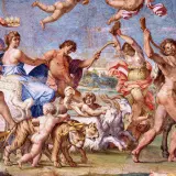 Triumf Bachusa w mitologii greckiej. Postacie z mitologii greckiej, w tym Bachus, w orszaku z tygrysem i kozłem.