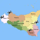 Map of Sicily showing numbered airplane icons near major cities like Palermo, Trapani, Catania, and Messina.