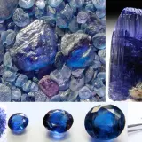 Verschiedene **Kristallarten** in tiefem Blau: rohe Steine, ein großer facettierter Kristall und geschliffene Edelsteine.