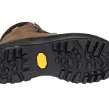 A brown hiking boot with a rugged, deep-lugged Vibram sole, showcasing various types of boot soles for optimal traction.