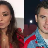 Kamil Bednarek z żoną, piękną kobietą w czerwonej bluzce i z naszyjnikiem.