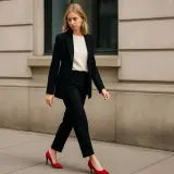 Elegancka kobieta w czarnym garniturze i kremowym swetrze, zmysłowe bordowe szpilki stylizacje dodają charakteru.