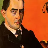 Portret mężczyzny w garniturze, dzieło Witkacego. Intensywne barwy, owoce i wazon na pomarańczowym tle.