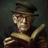 Starszy mężczyzna w okularach i kapeluszu czyta starą księgę. Czy postać może być metaforą całego społeczeństwa w literaturze pięknej?