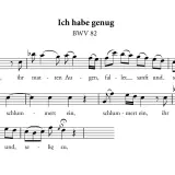 Fragment partytury z arii "Ich habe genug" BWV 82 J.S. Bacha. Widać tekst "Schlum-mert ein, ihr mat-ten Au-gen, fal-let sanft und se-lig zu". Tercet nut.