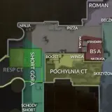 Mapa CS2 z nazwami lokacji: Ninja, Pizza, Resp CT, Short Góra, Roman, Beczki, Rampa/Zebra, Standard, BS A, Na Długa, Boost, Winda, Pochylnia CT, Skrzyżowanie.