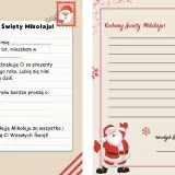 List do Mikołaja z miejscem na wpisanie imienia, wieku i życzeń. Na dole rysunek Mikołaja i życzenia.