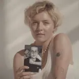 Kobieta z krótkimi blond włosami trzyma czarno-białe zdjęcie dwóch mężczyzn.
