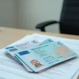 Na biurku leżą dokumenty, w tym e prawko EU z portretem mężczyzny.