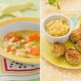 Delicioso desayuno para bebé de 1 año: sopa de letras y zanahoria, y albóndigas con puré de manzana.