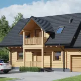 Drewniany dom z garażem i balkonem. Przed domem ganek z balustradą, obok biały SUV.