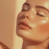Delikatna twarz z piegami i lśniącą, dewy skin w ciepłym świetle.