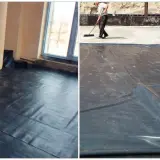 Prace budowlane: czarna folia hydroizolacyjna na podłodze, przygotowanie do wylania betonu. Poziom zero ile nad gruntem.