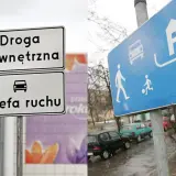 Znaki drogowe informują o wjeździe do strefy ruchu. Widać symbol samochodu, pieszych i domku.